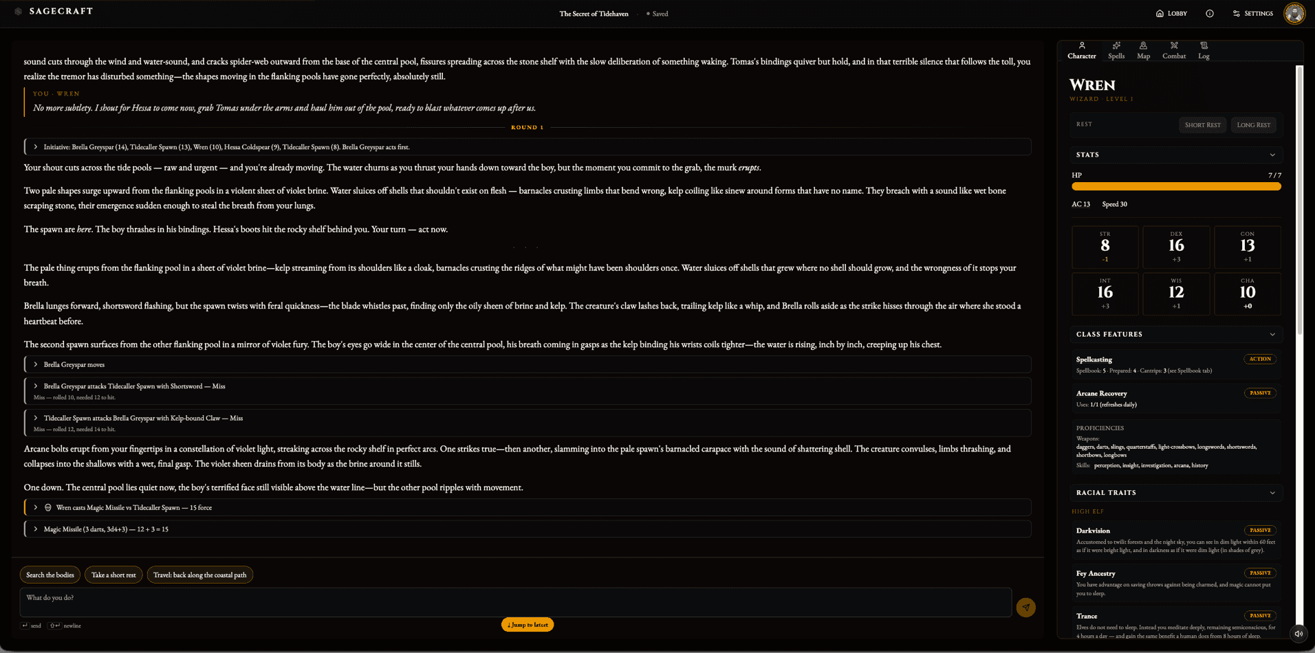 The Sagecraft play screen during a fight in The Secret of Tidehaven: narration and the engine's own roll lines on the left, the character panel on the right with hit points, armor class, ability scores and class features.